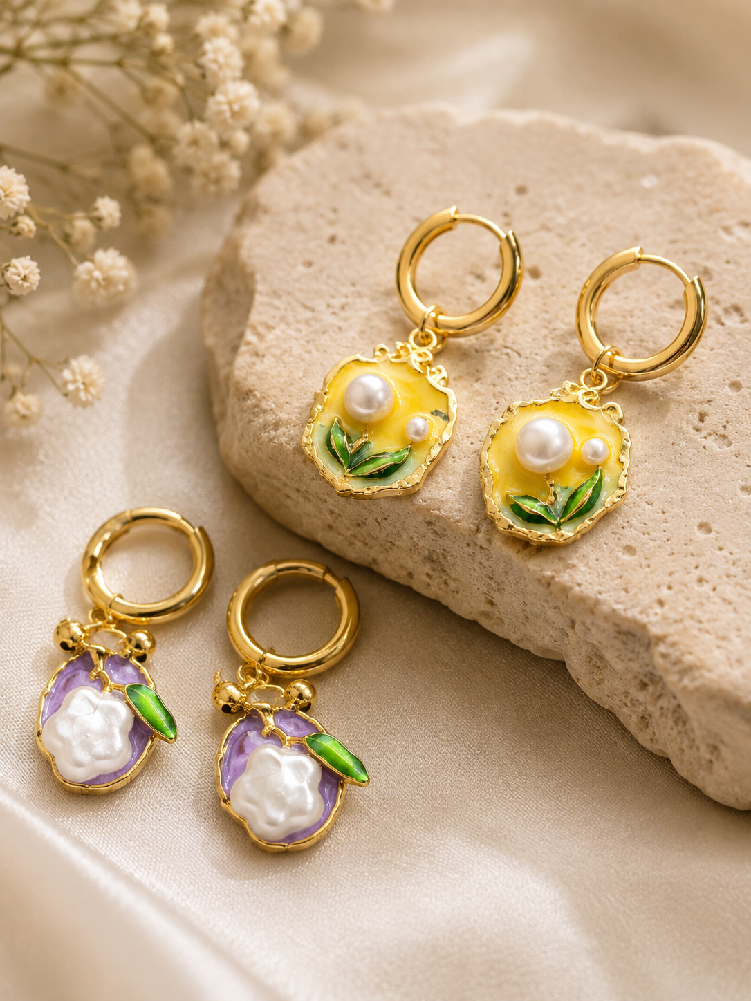 Enamel Pearl Charm Hoop Earrings
