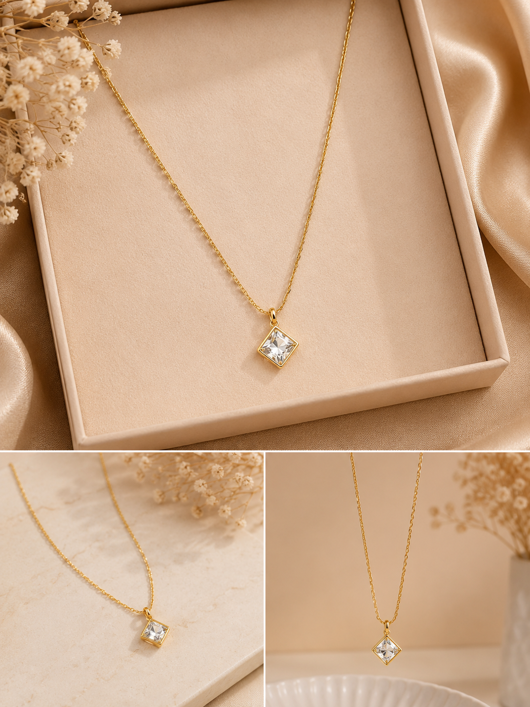 Dainty Square Solitaire Necklace