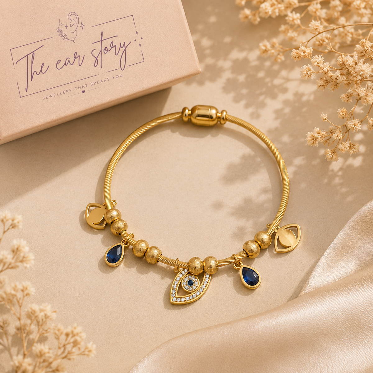 Gold Charm and Evil Eye Bracelet