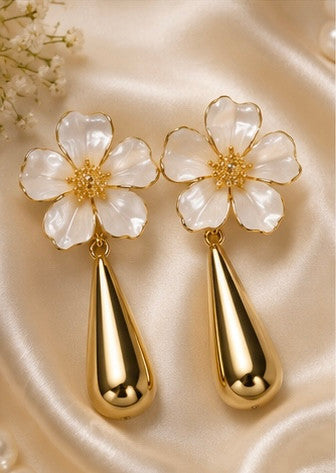 Golden Bloom Teardrop Earrings in Beige