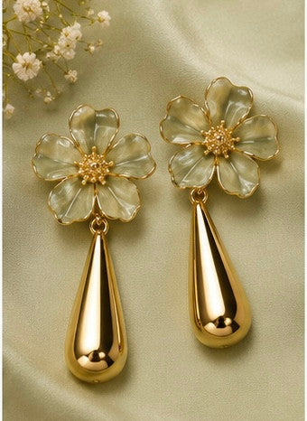 Golden Bloom Teardrop Earrings in Green