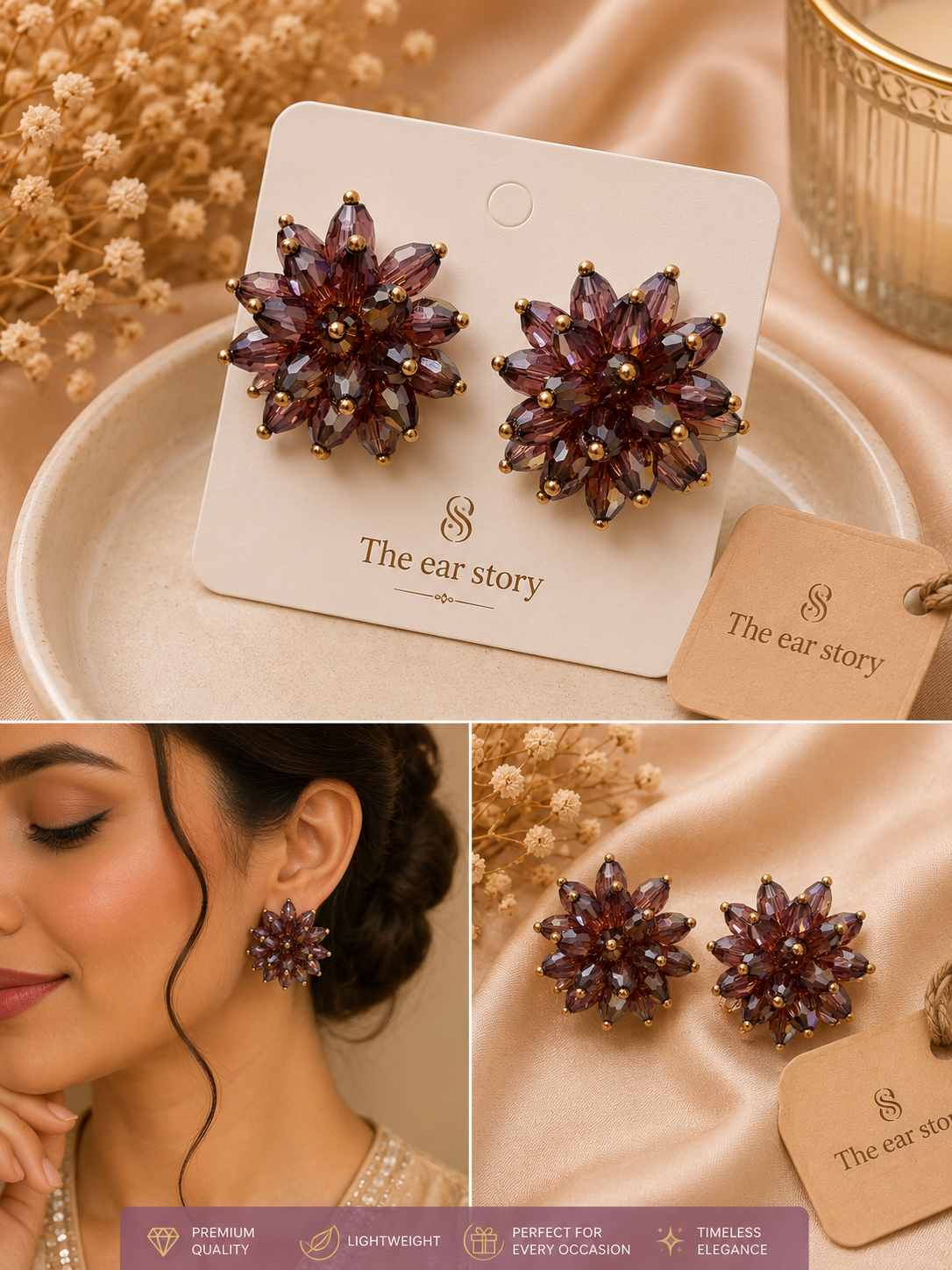 Mocha Crystal Bloom Studs in brown