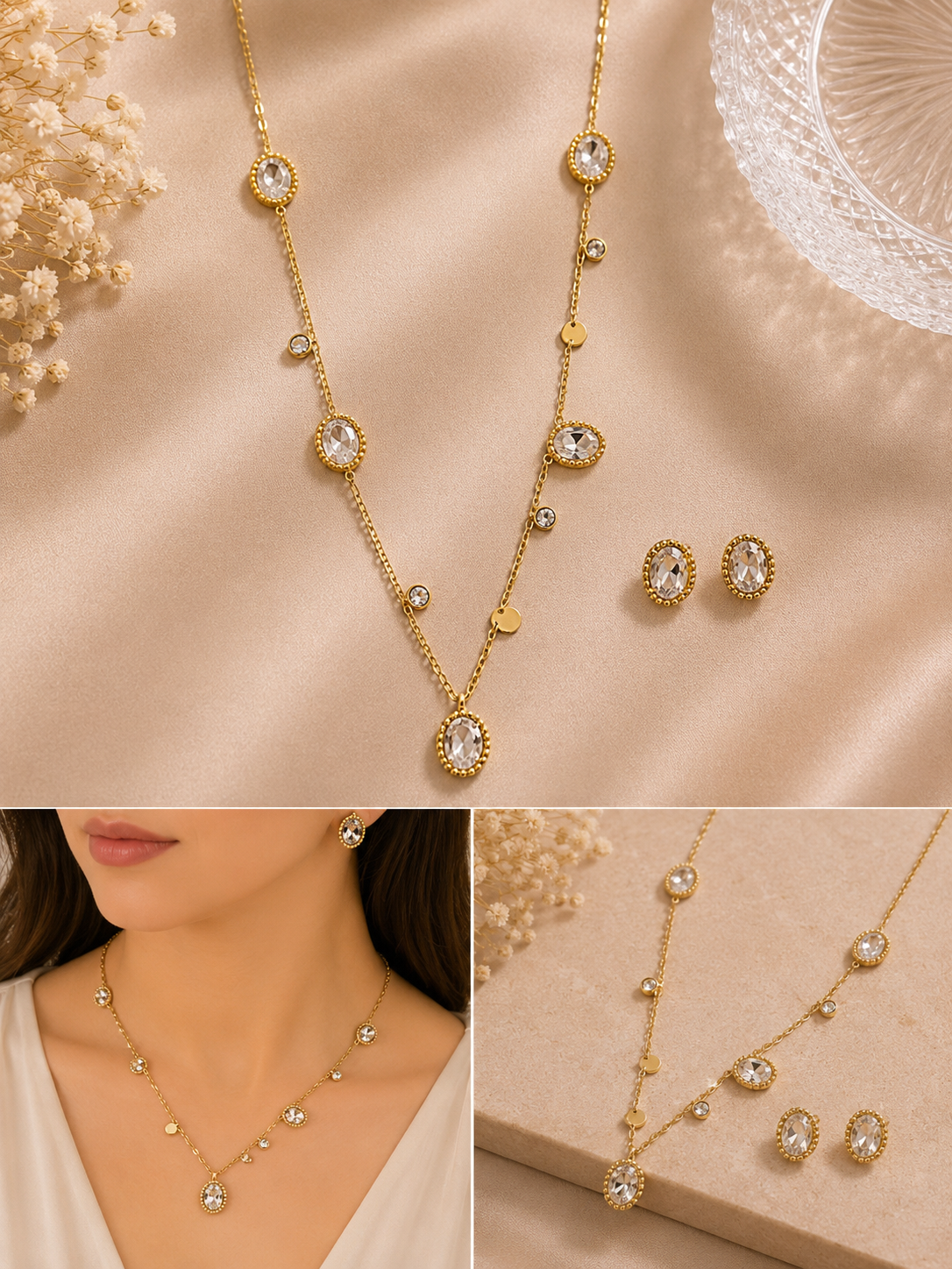 Royal Crystal Oval Necklace and Stud Earrings Set